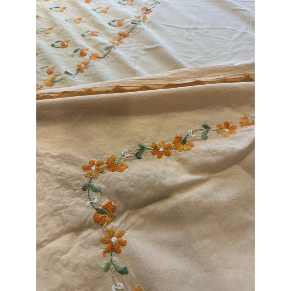 Vintage Handmade Embroidered Cotton Bedspread Coverlet 81.5x92 w/ 2 Pillowcases